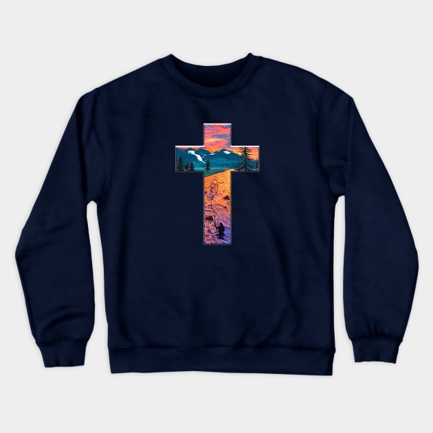 Christian Cross Fly Fishing Mountain Sunset Crewneck Sweatshirt by TeeCreations